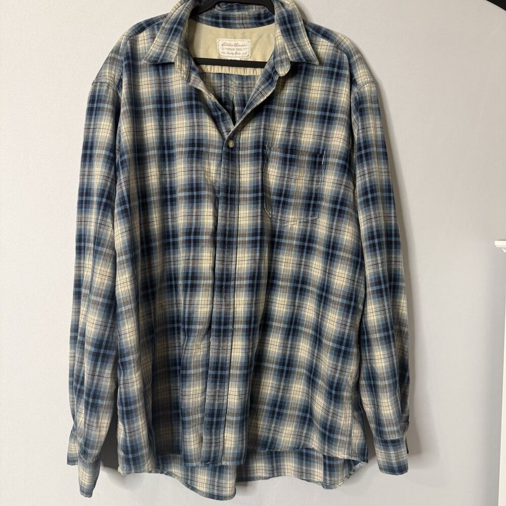 Eddie Bauer Vintage Twill Men Blue Windowpane Cotton Long Sleeve Flannel XL Tall